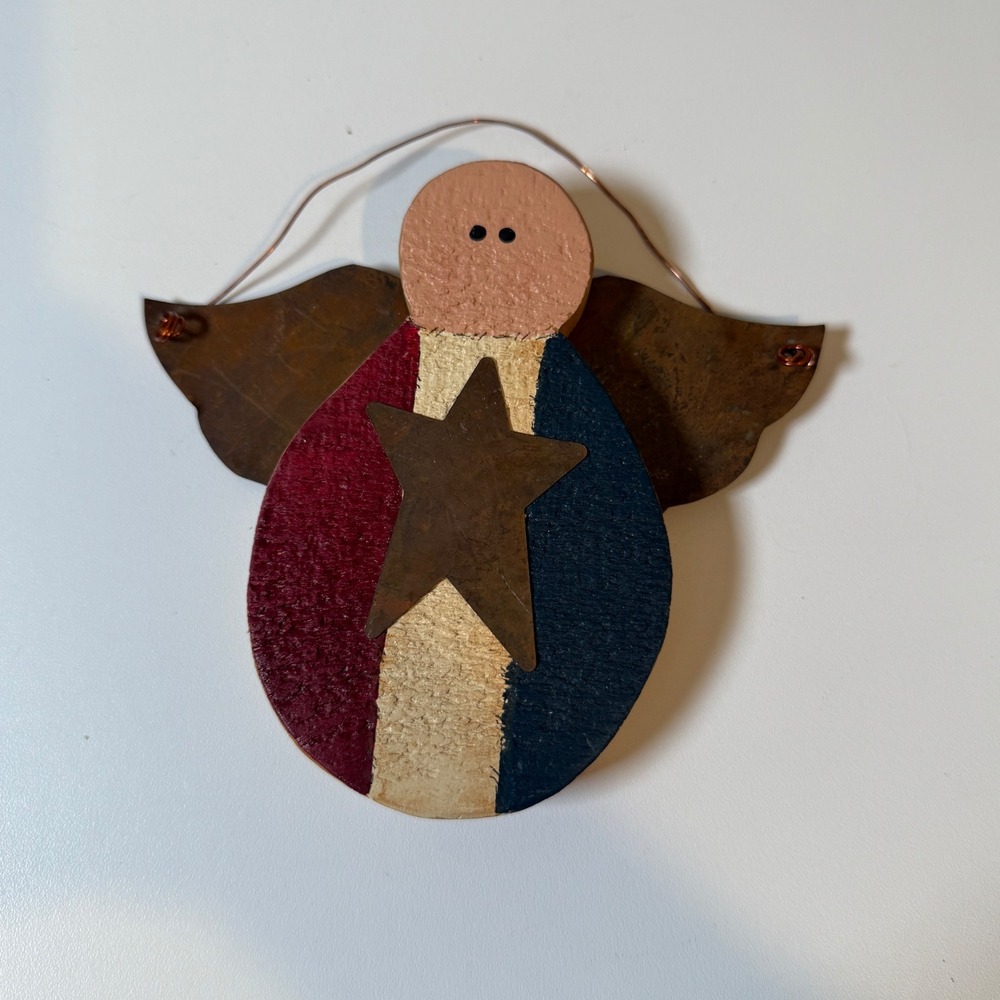 Rustic Patriotic Angel Ornament Wood Metal Star Americana‎ Country Decor
